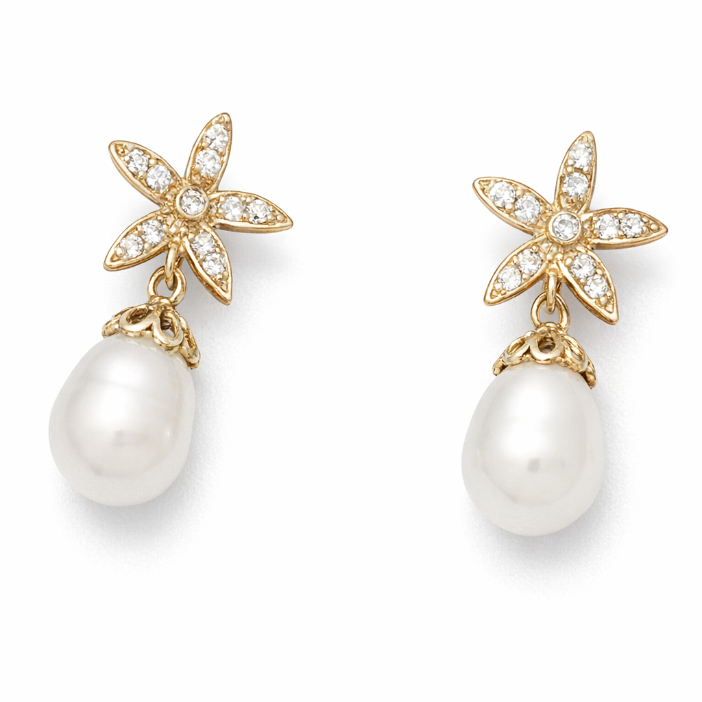 Pendientes Flor Oro 18Kl con Perlas Cultivadas y Circonitas