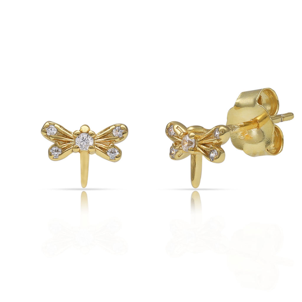 Pendientes Plata Chapada Oro Libélula Circonitas 4x7mm