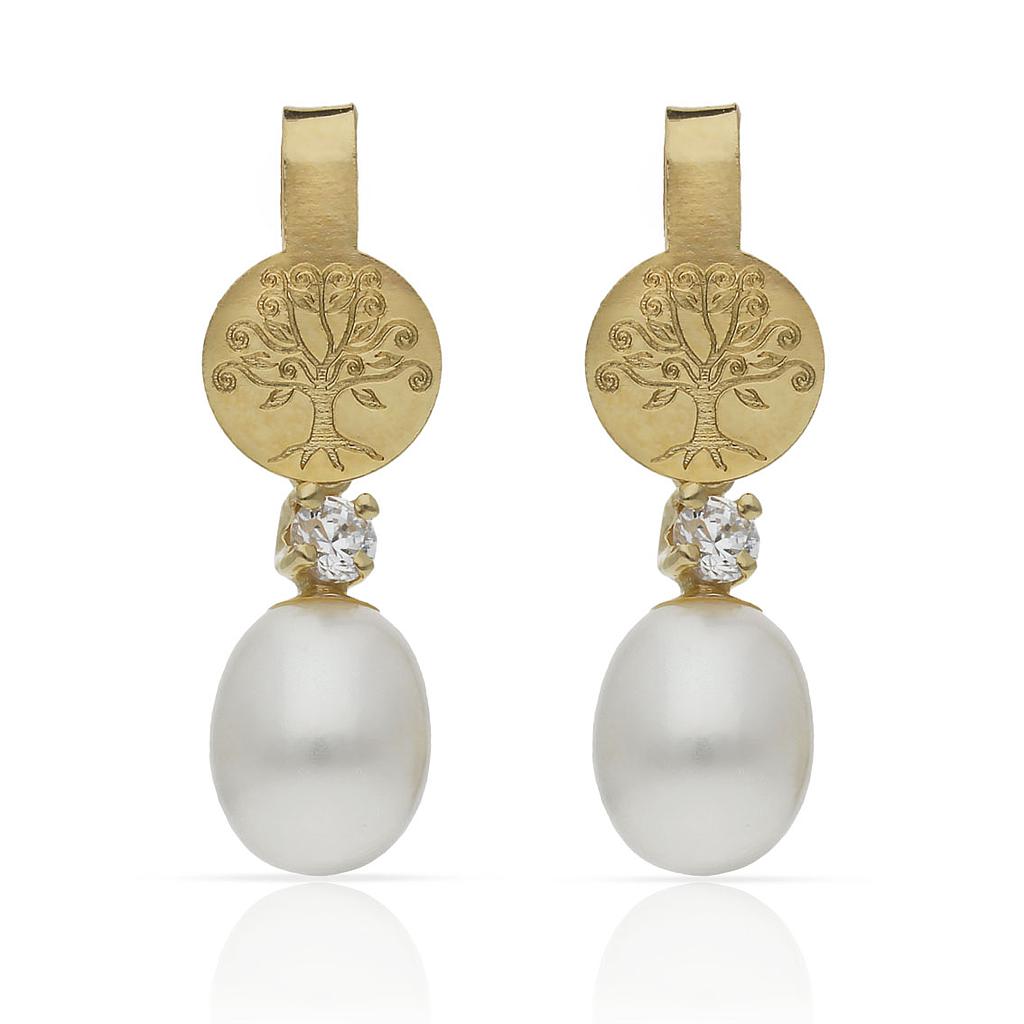 Pendientes Oro 18Kl Árbol de la Vida con Perlas y Circonitas - 8x25,50mm