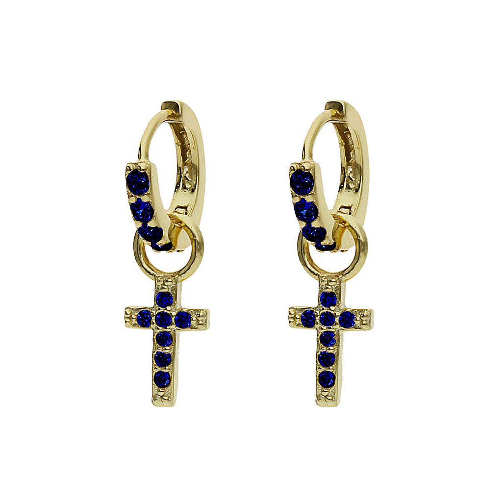 Aros Plata Chapada Oro Cruz con Circonitas Azules 3mm