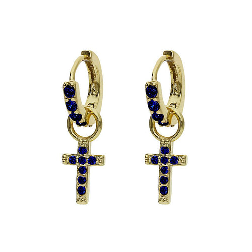 Aros Plata Chapada Oro Cruz con Circonitas Azules 3mm