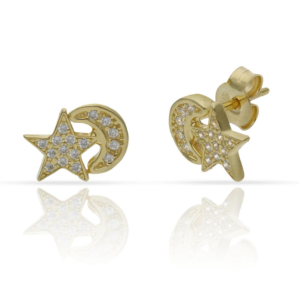 Pendientes Plata Chapada Oro Estrella y Luna con Circonitas 10x7mm