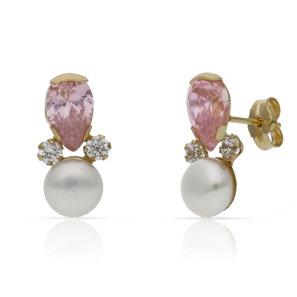 Pendientes Oro 18Kl con Circonitas, Piedras Rosa y Perla China - 8x15mm