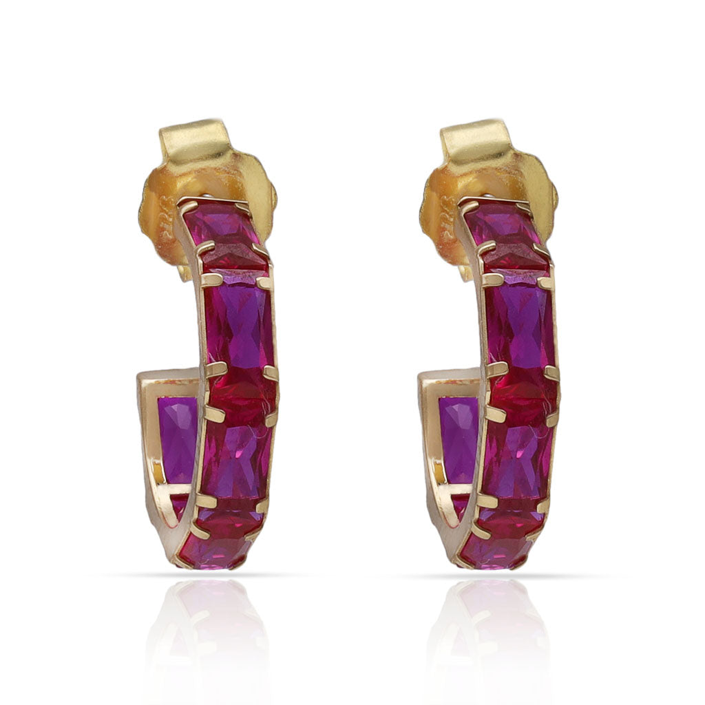 Aros Oro 18KL con Piedras Rojas Baguette - 11mm