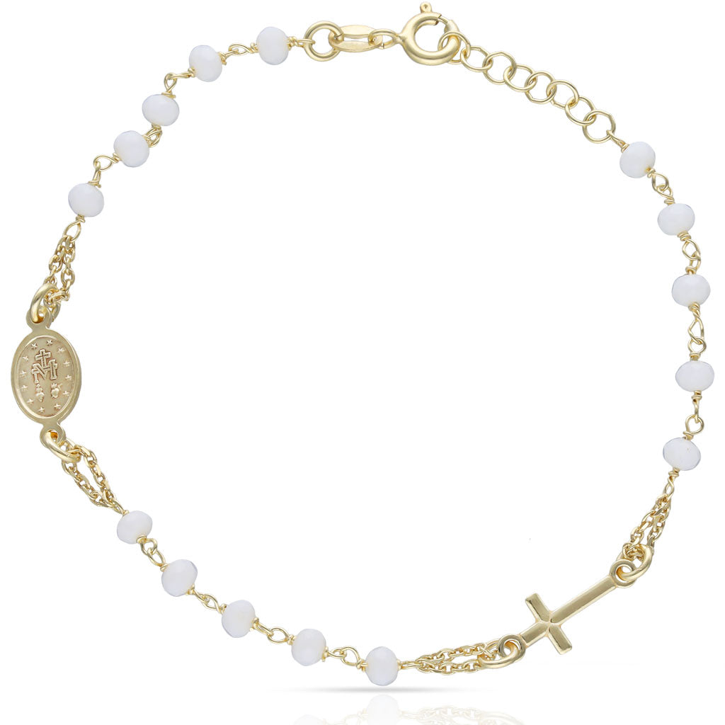 Pulsera Plata Chapada en Oro Rosario Piedras Blancas