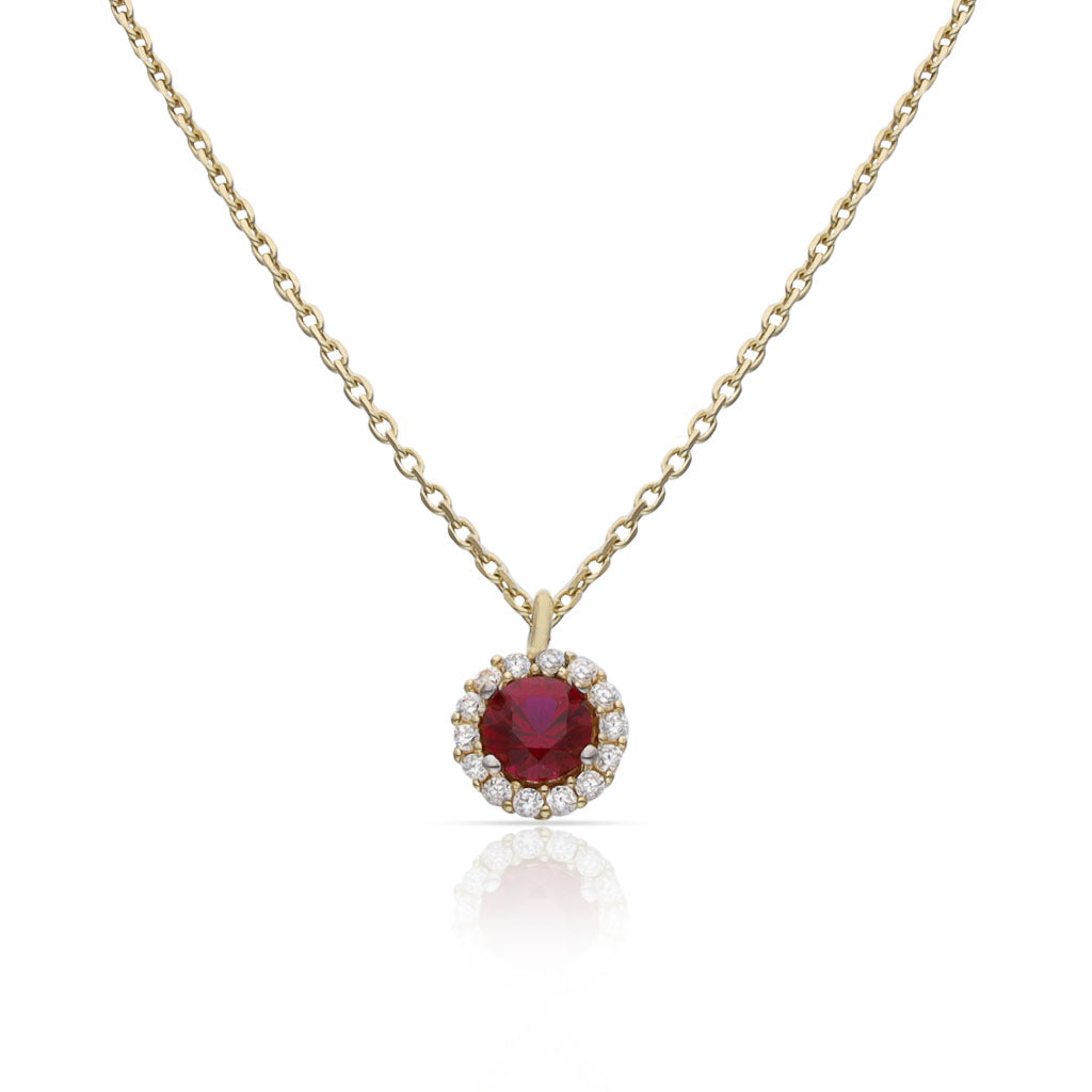 Gargantilla Oro 18K Cerco Circonitas + Piedra Roja 6mm