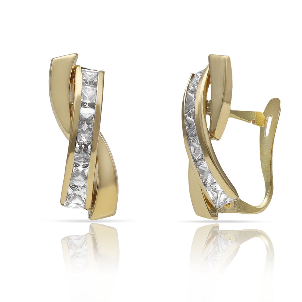 Pendientes Oro 18K Barra Onda Circonitas 5.5x16mm
