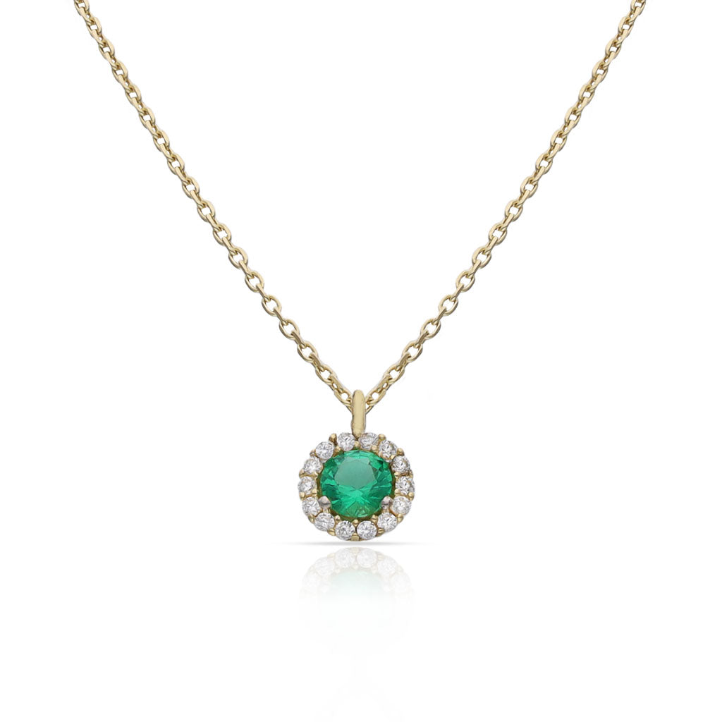 Gargantilla Oro 18K Cerco Circonitas + Piedra Verde 6mm