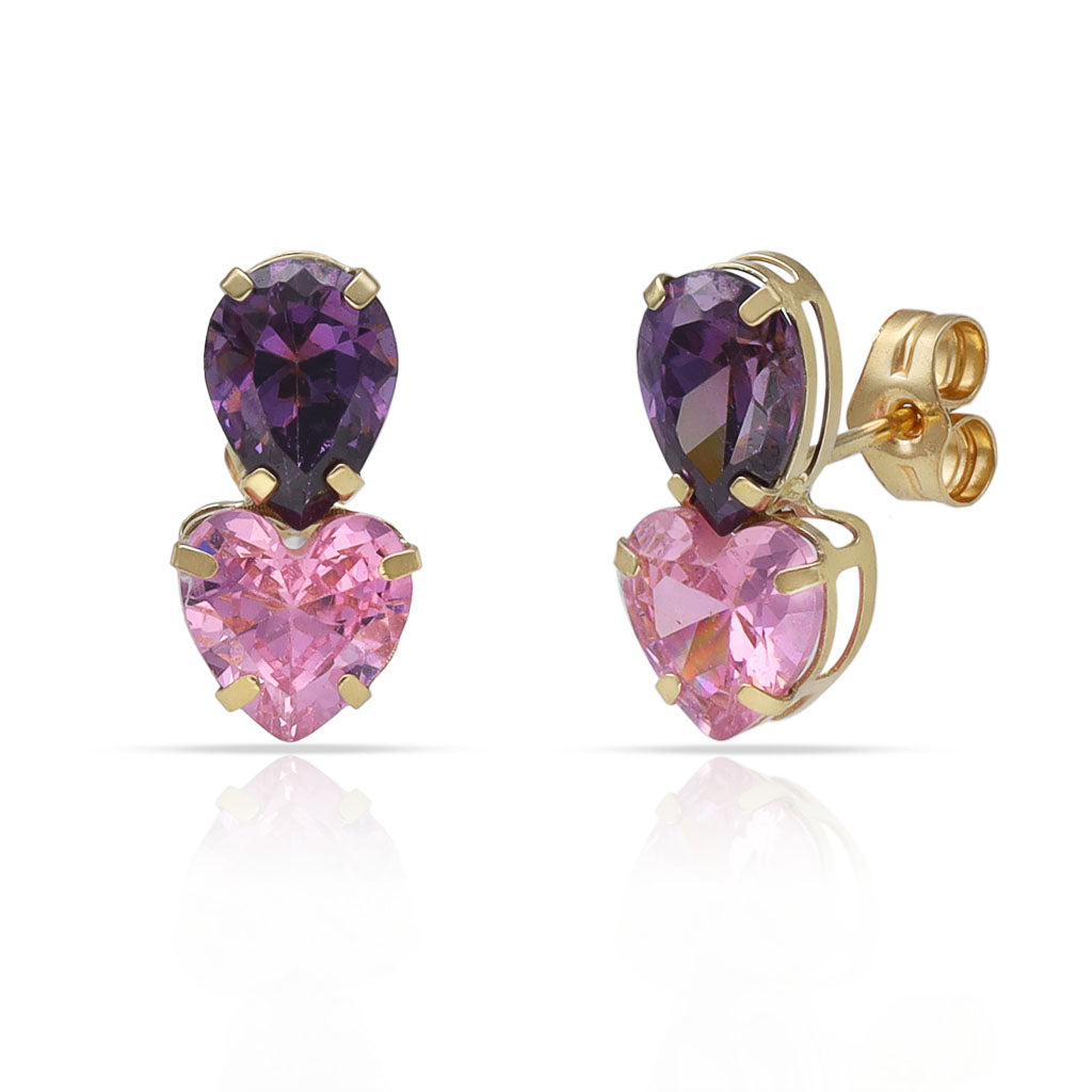 Pendientes Oro 18Kl Corazón Rosa y Piedra Violeta - 6,50x12,50mm