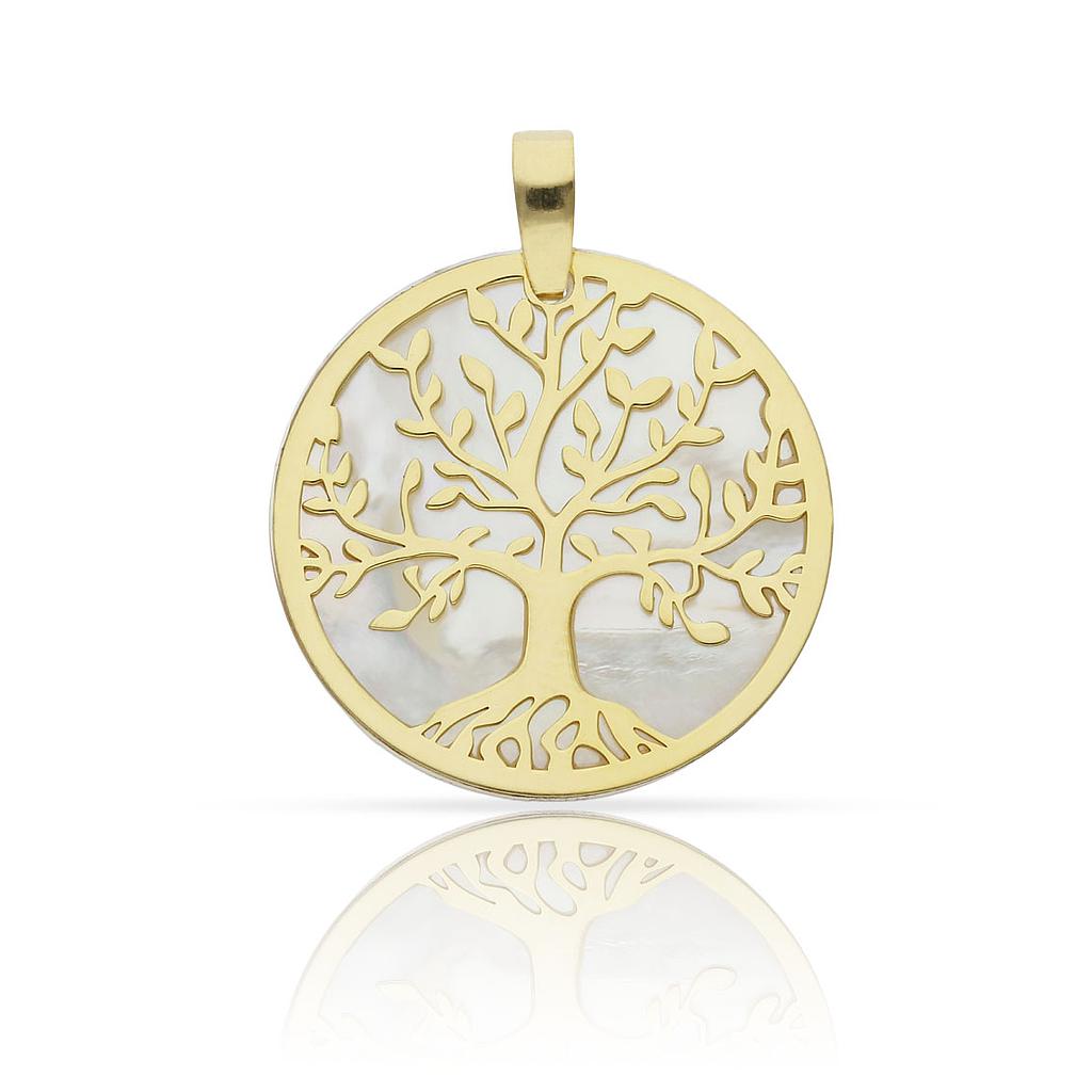 Colgante Plata Chapada en Oro Árbol de la Vida Nácar 25mm