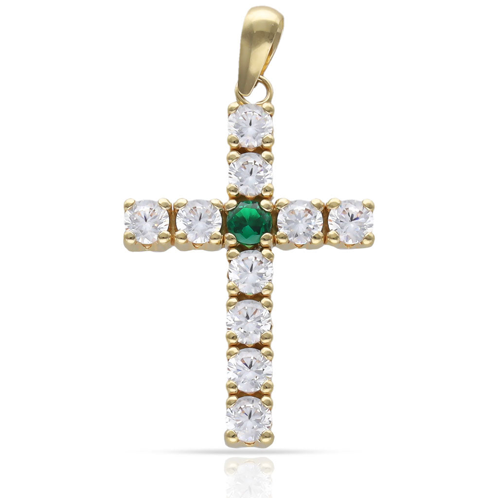 Cruz Oro 18KL con Piedra Verde y Circonitas - 17x23mm