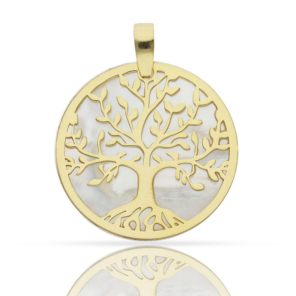 Colgante Plata Chapada en Oro Árbol de la Vida Nácar 30mm