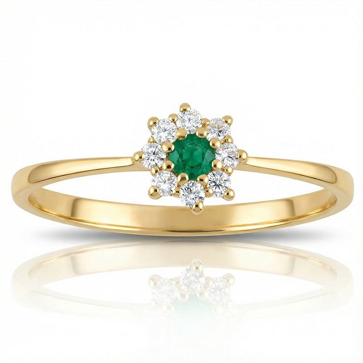 Sortija Oro 18K Rosetón Esmeralda + Circonitas