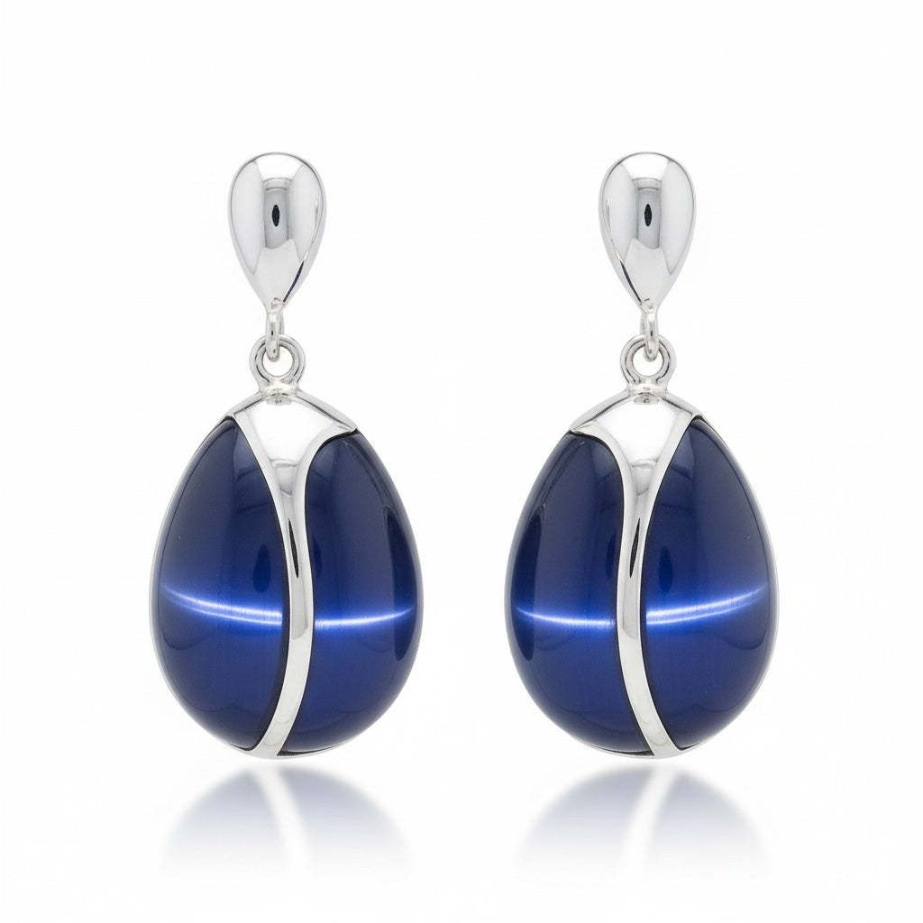 Pendientes Plata 925 Ojo de Gato Azul - 14x29mm