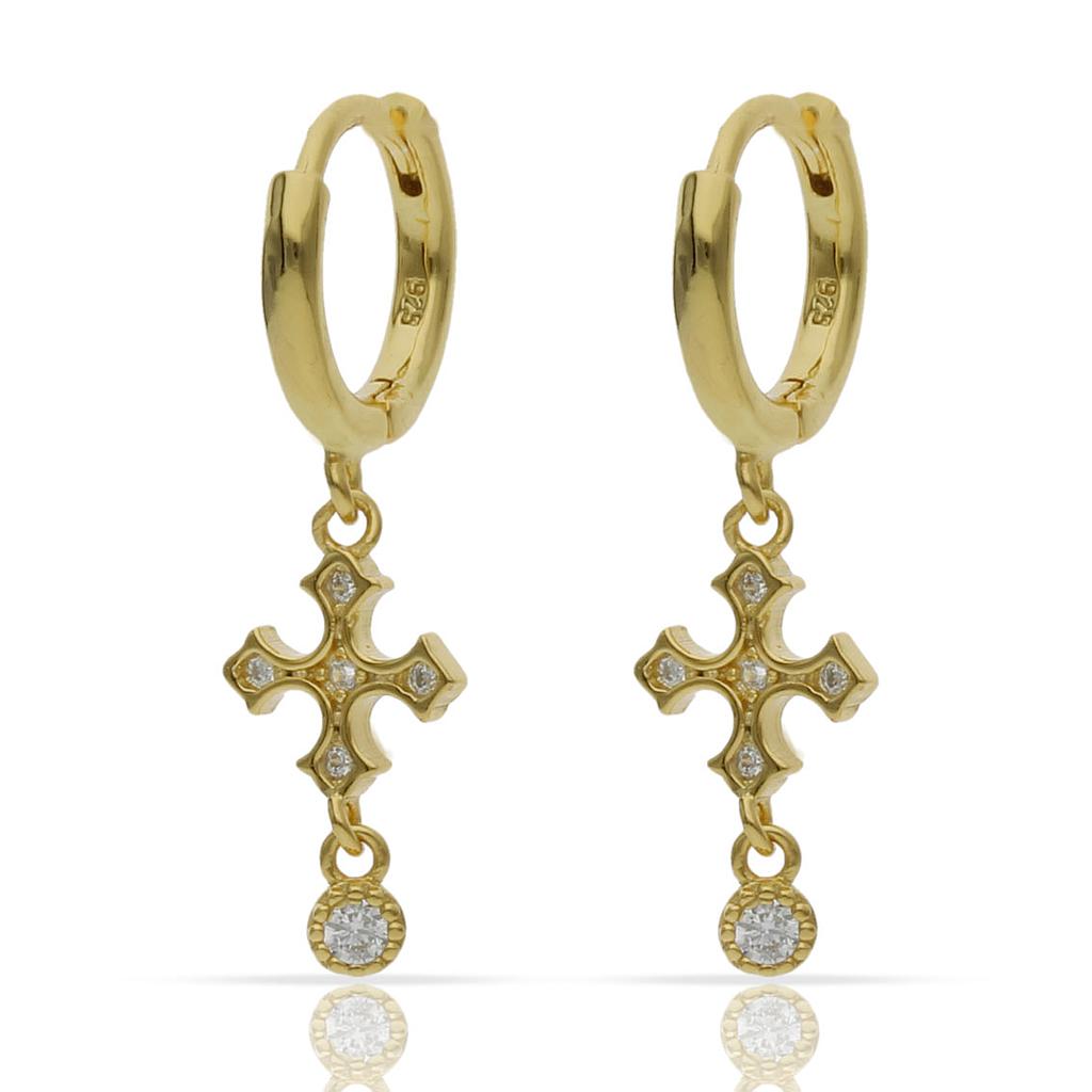 Aros Plata Chapada Oro Cruz con Circonitas 4mm