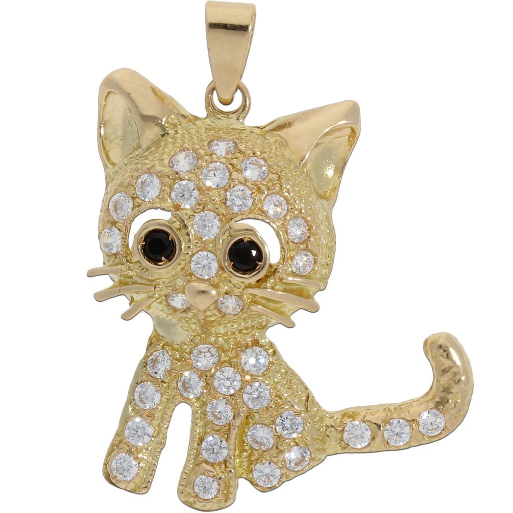 Colgante Oro 18Kl Gato con Circonitas y Ojos Negros - 24x28mm