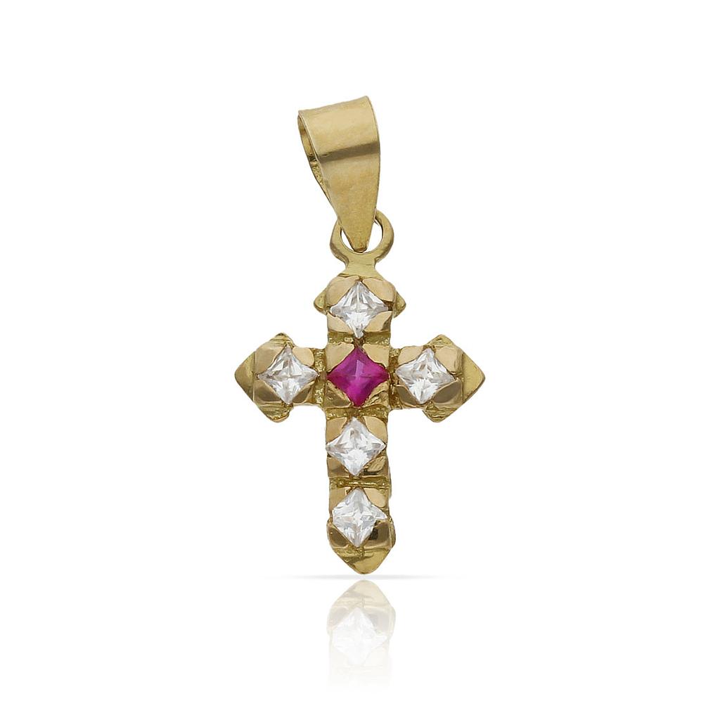 Cruz Oro 18KL con Piedra Roja y Circonitas - 12x17mm