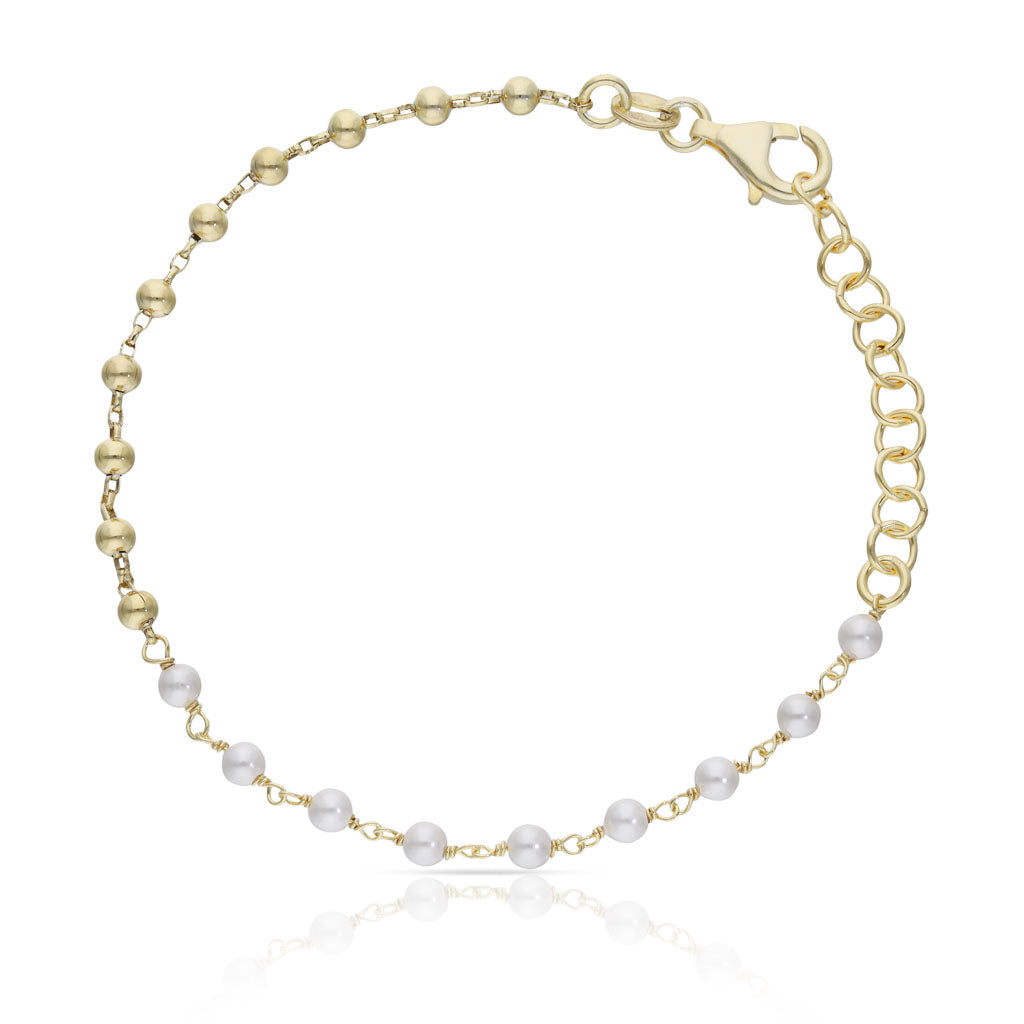 Pulsera Plata Chapada en Oro Bolas y Perlas