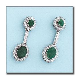 Pendientes Oro Blanco 18Kl con Esmeraldas y Circonitas - 8,5x26mm