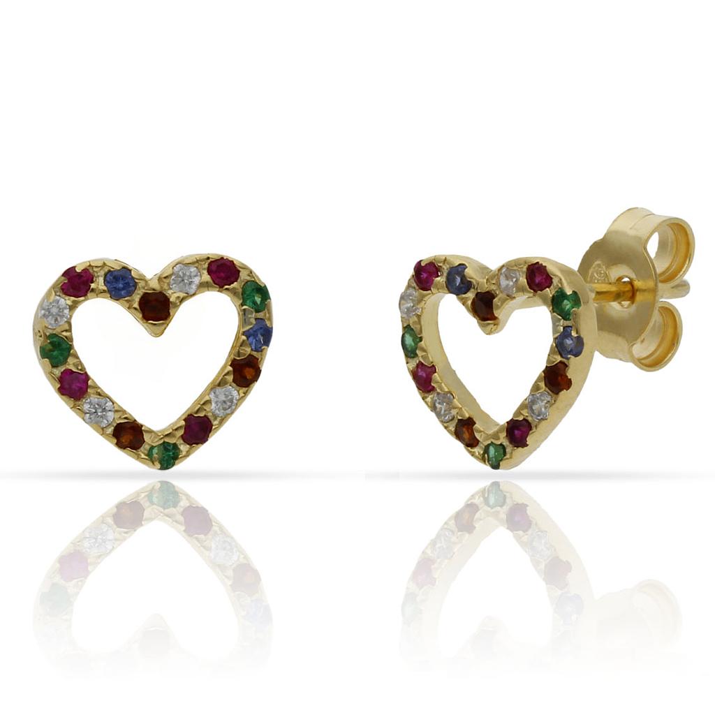 Pendientes Plata Chapada Oro Corazón con Piedras de Colores 9x8mm