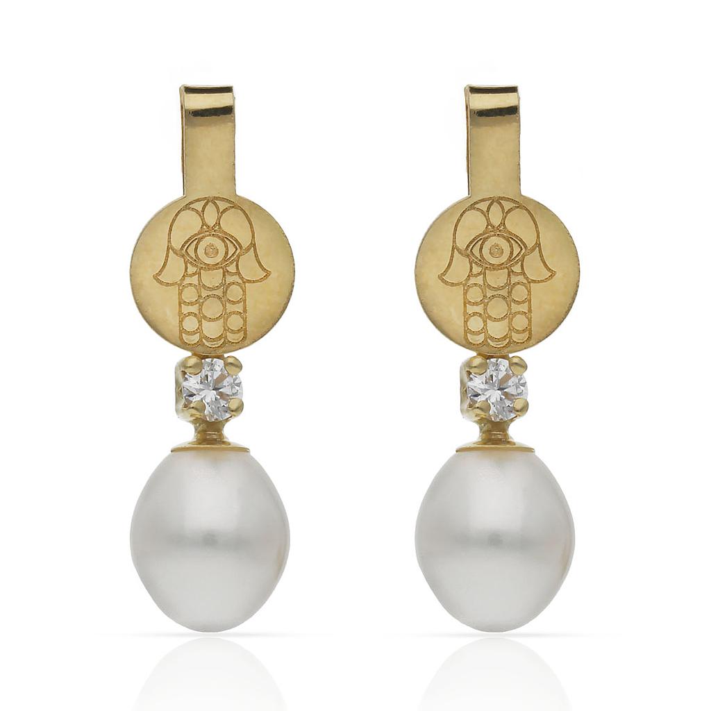 Pendientes Oro 18K Mano de Fátima Perlas y Circonitas