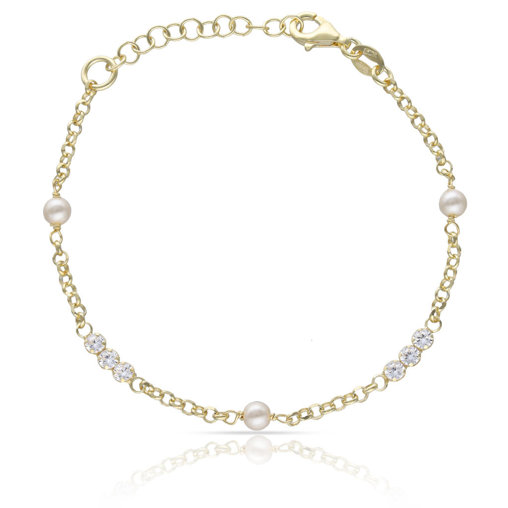 Pulsera Plata Chapada en Oro Perlas y Circonitas