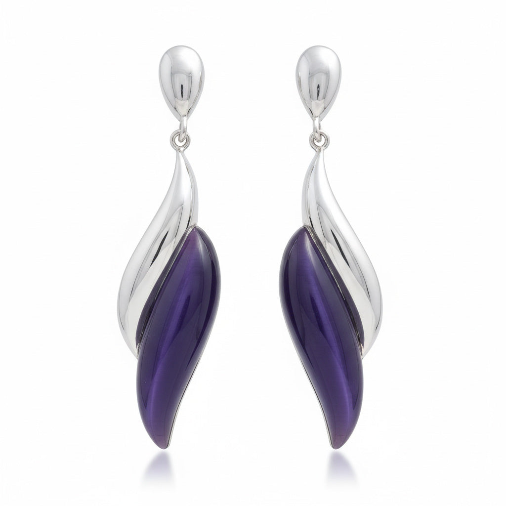 Pendientes Plata 925 Ojo de Gato Amatista - 11x42mm