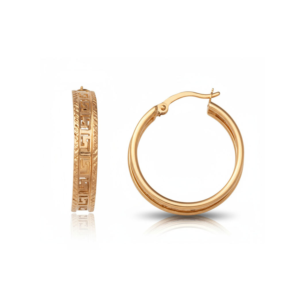 Aros Oro 18KL Tallados con Greca Calada - 20mm