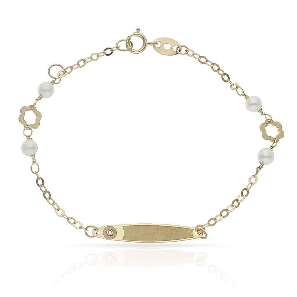Pulsera Bebé Oro 18K Perla Floral y Circonita